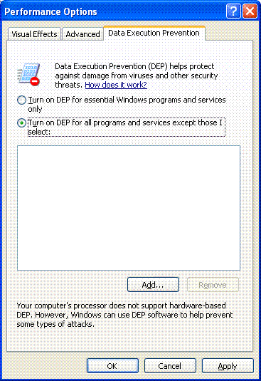 Data Execution Prevention tab